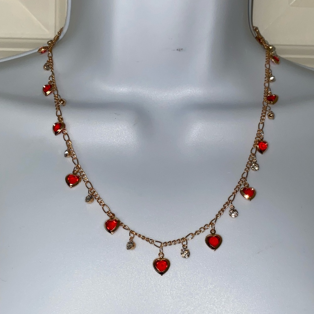 Rhinestone & Heart Charm Necklace and Bracelet Set.